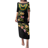 Hawaiian Lei Plumeria and Tropical Leaves Family Matching Puletasi and Hawaiian Shirt Watercolor Style LT03 Mom's Dress Black - Polynesian Pride