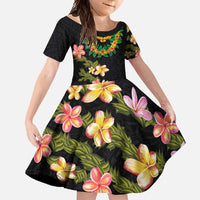 Hawaiian Lei Plumeria and Tropical Leaves Family Matching Short Sleeve Bodycon Dress and Hawaiian Shirt Watercolor Style LT03 Daughter's Dress Black - Polynesian Pride