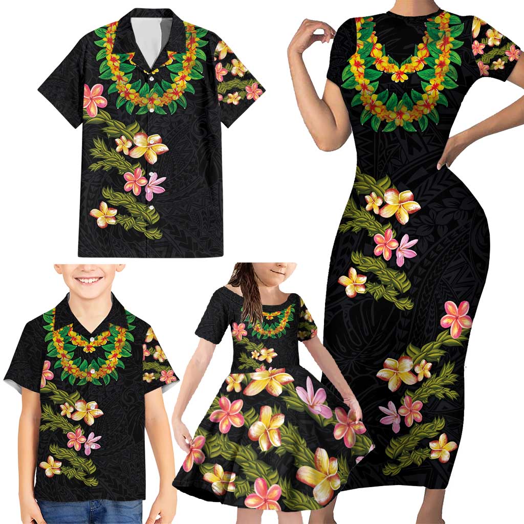 Hawaiian Lei Plumeria and Tropical Leaves Family Matching Short Sleeve Bodycon Dress and Hawaiian Shirt Watercolor Style LT03 - Polynesian Pride