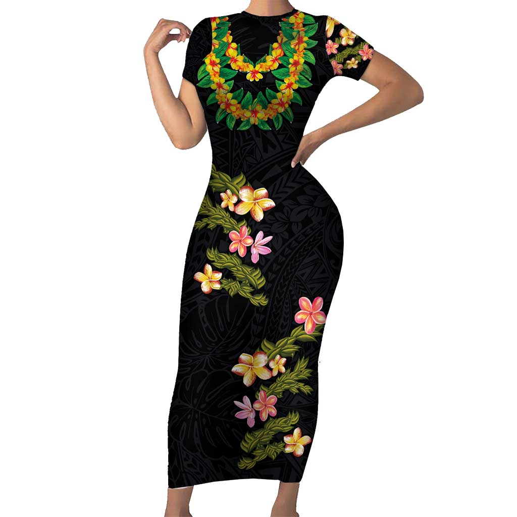 Hawaiian Lei Plumeria and Tropical Leaves Family Matching Short Sleeve Bodycon Dress and Hawaiian Shirt Watercolor Style LT03 Mom's Dress Black - Polynesian Pride