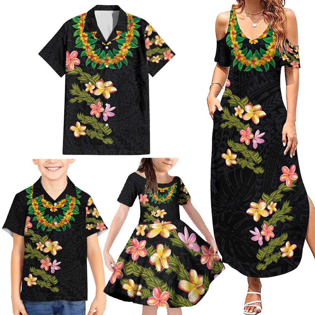Hawaiian Lei Plumeria and Tropical Leaves Family Matching Summer Maxi Dress and Hawaiian Shirt Watercolor Style LT03 - Polynesian Pride