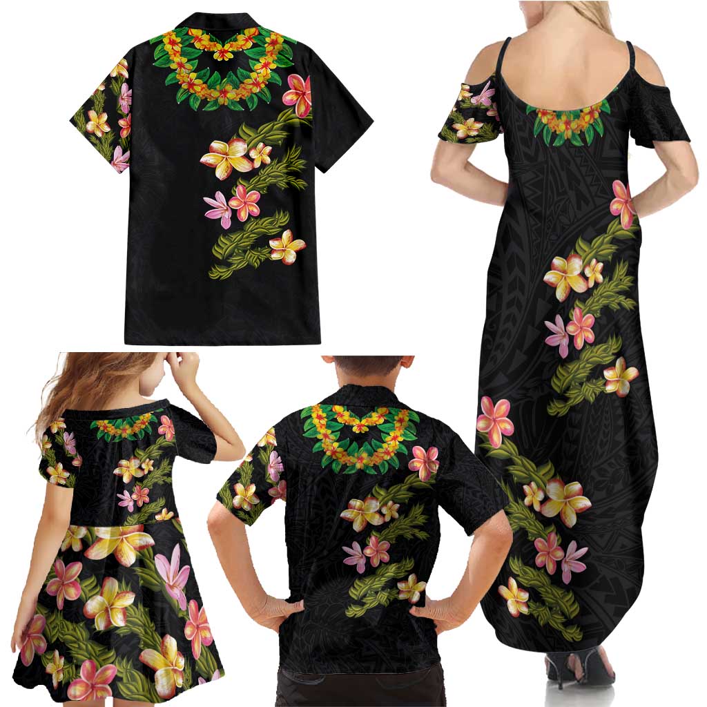 Hawaiian Lei Plumeria and Tropical Leaves Family Matching Summer Maxi Dress and Hawaiian Shirt Watercolor Style LT03 - Polynesian Pride