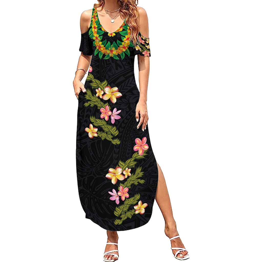 Hawaiian Lei Plumeria and Tropical Leaves Family Matching Summer Maxi Dress and Hawaiian Shirt Watercolor Style LT03 Mom's Dress Black - Polynesian Pride