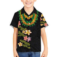 Hawaiian Lei Plumeria and Tropical Leaves Family Matching Summer Maxi Dress and Hawaiian Shirt Watercolor Style LT03 Son's Shirt Black - Polynesian Pride