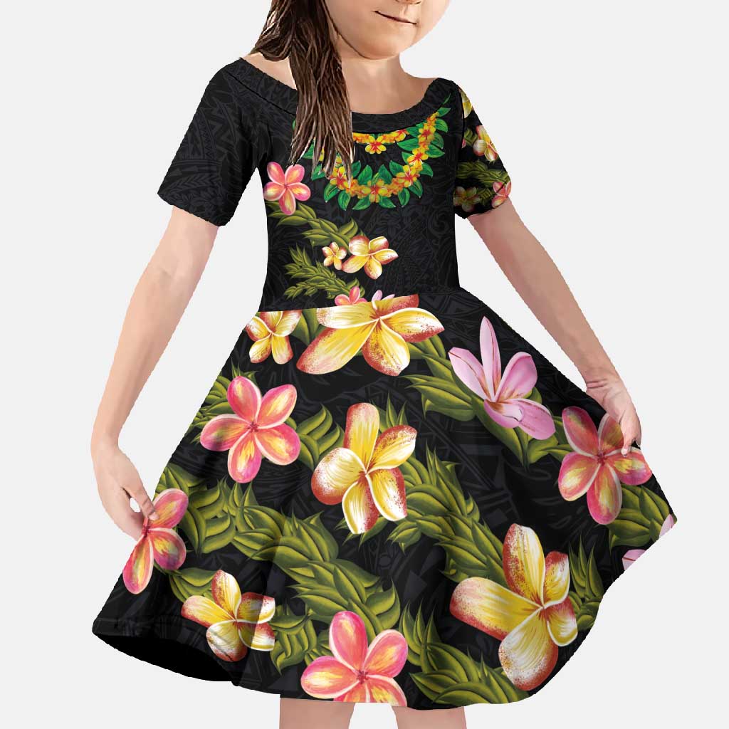 Hawaiian Lei Plumeria and Tropical Leaves Family Matching Tank Maxi Dress and Hawaiian Shirt Watercolor Style LT03 Daughter's Dress Black - Polynesian Pride
