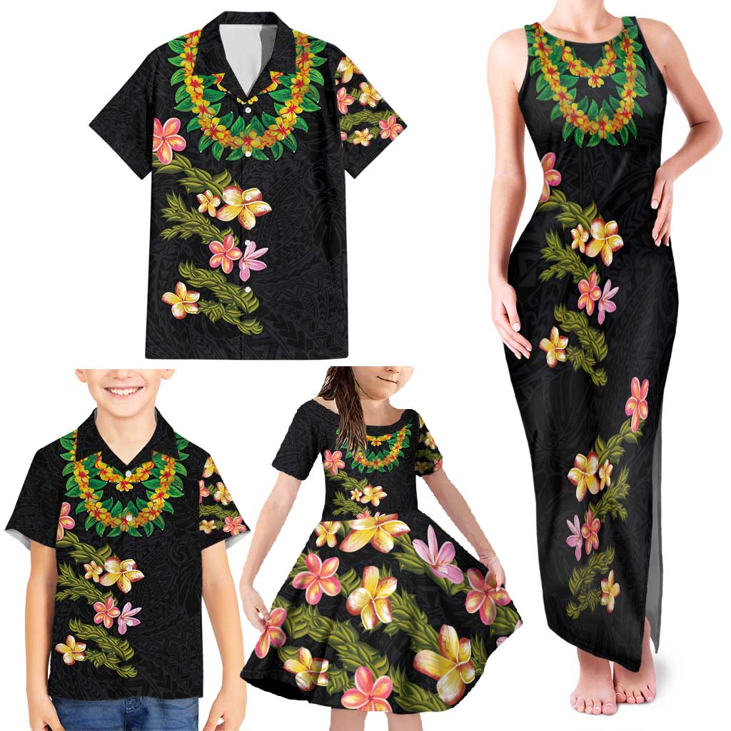 Hawaiian Lei Plumeria and Tropical Leaves Family Matching Tank Maxi Dress and Hawaiian Shirt Watercolor Style LT03 - Polynesian Pride