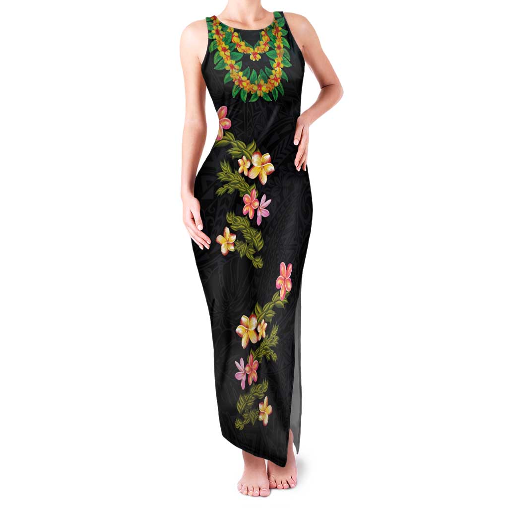 Hawaiian Lei Plumeria and Tropical Leaves Family Matching Tank Maxi Dress and Hawaiian Shirt Watercolor Style LT03 Mom's Dress Black - Polynesian Pride