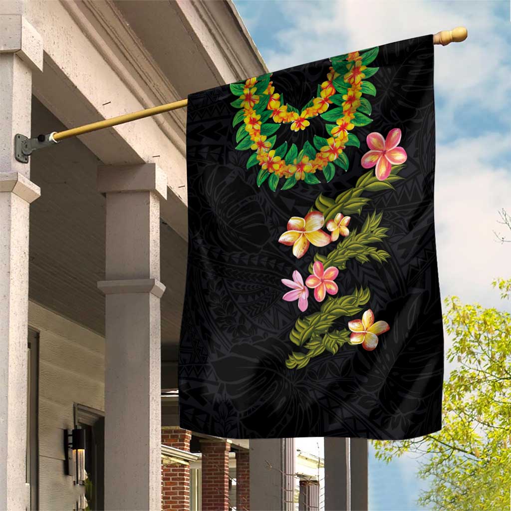Hawaiian Lei Plumeria and Tropical Leaves Garden Flag Watercolor Style LT03 House Flag Black - Polynesian Pride