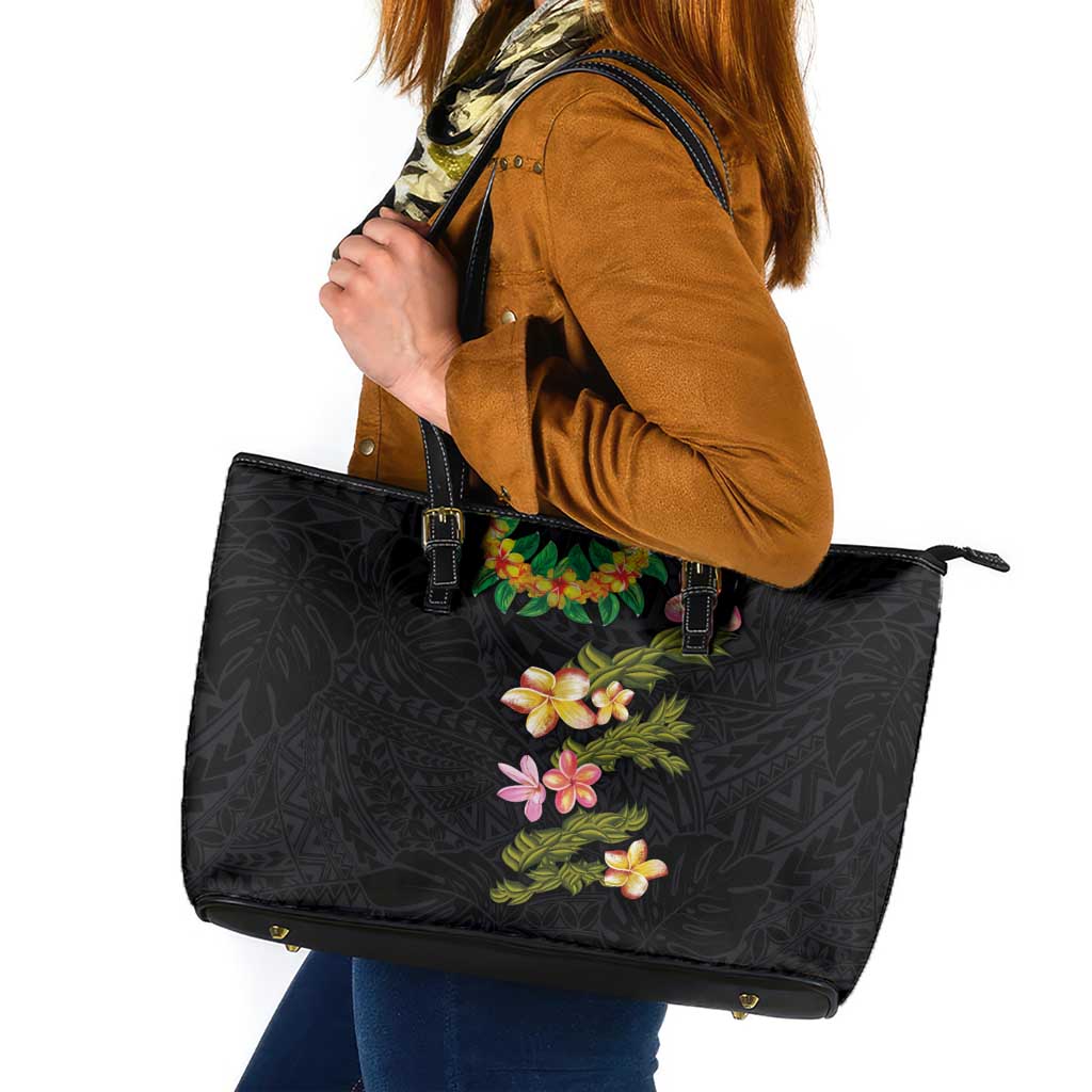 Hawaiian Lei Plumeria and Tropical Leaves Leather Tote Bag Watercolor Style