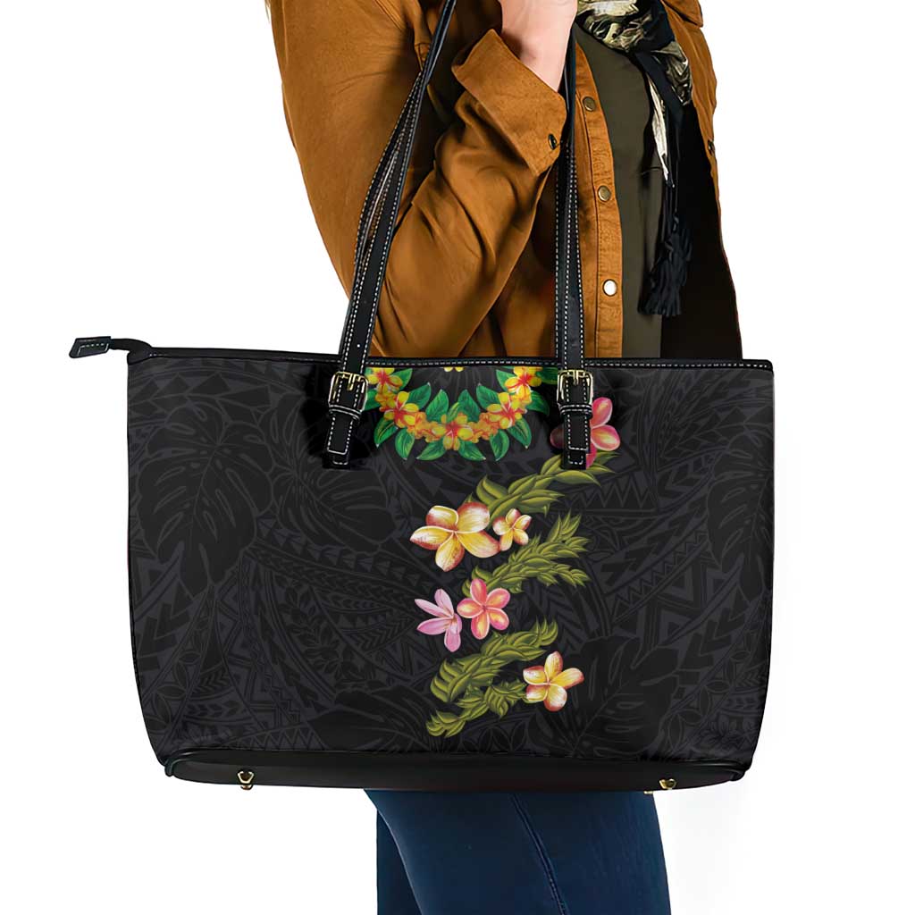Hawaiian Lei Plumeria and Tropical Leaves Leather Tote Bag Watercolor Style