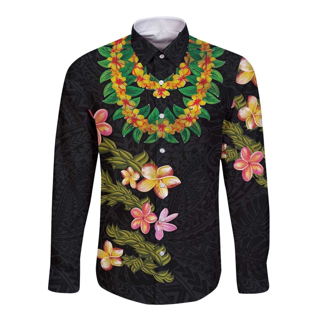 Hawaiian Lei Plumeria and Tropical Leaves Long Sleeve Button Shirt Watercolor Style LT03 Unisex Black - Polynesian Pride