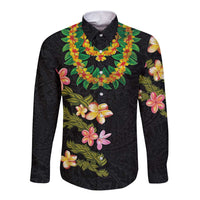 Hawaiian Lei Plumeria and Tropical Leaves Long Sleeve Button Shirt Watercolor Style