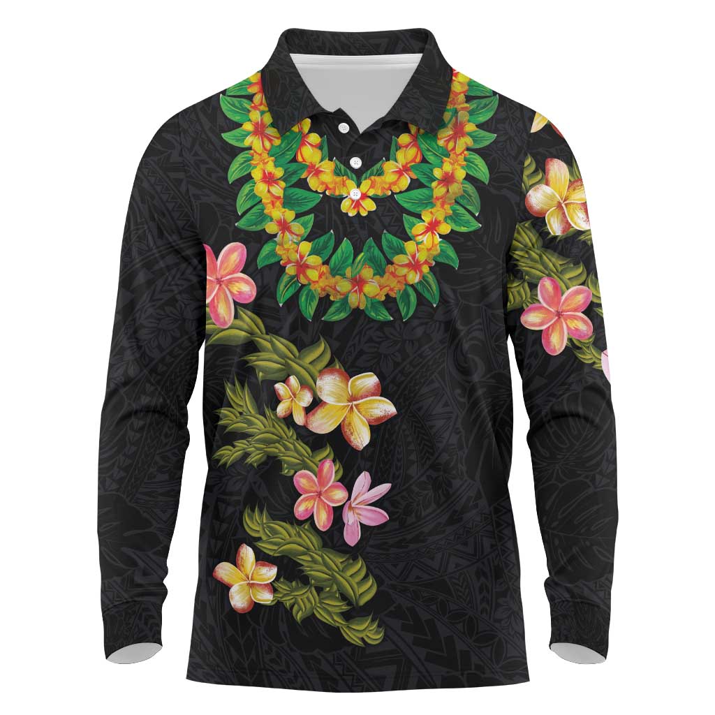 Hawaiian Lei Plumeria and Tropical Leaves Long Sleeve Polo Shirt Watercolor Style