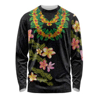 Hawaiian Lei Plumeria and Tropical Leaves Long Sleeve Shirt Watercolor Style LT03 Unisex Black - Polynesian Pride