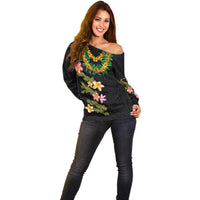 Hawaiian Lei Plumeria and Tropical Leaves Off Shoulder Sweater Watercolor Style