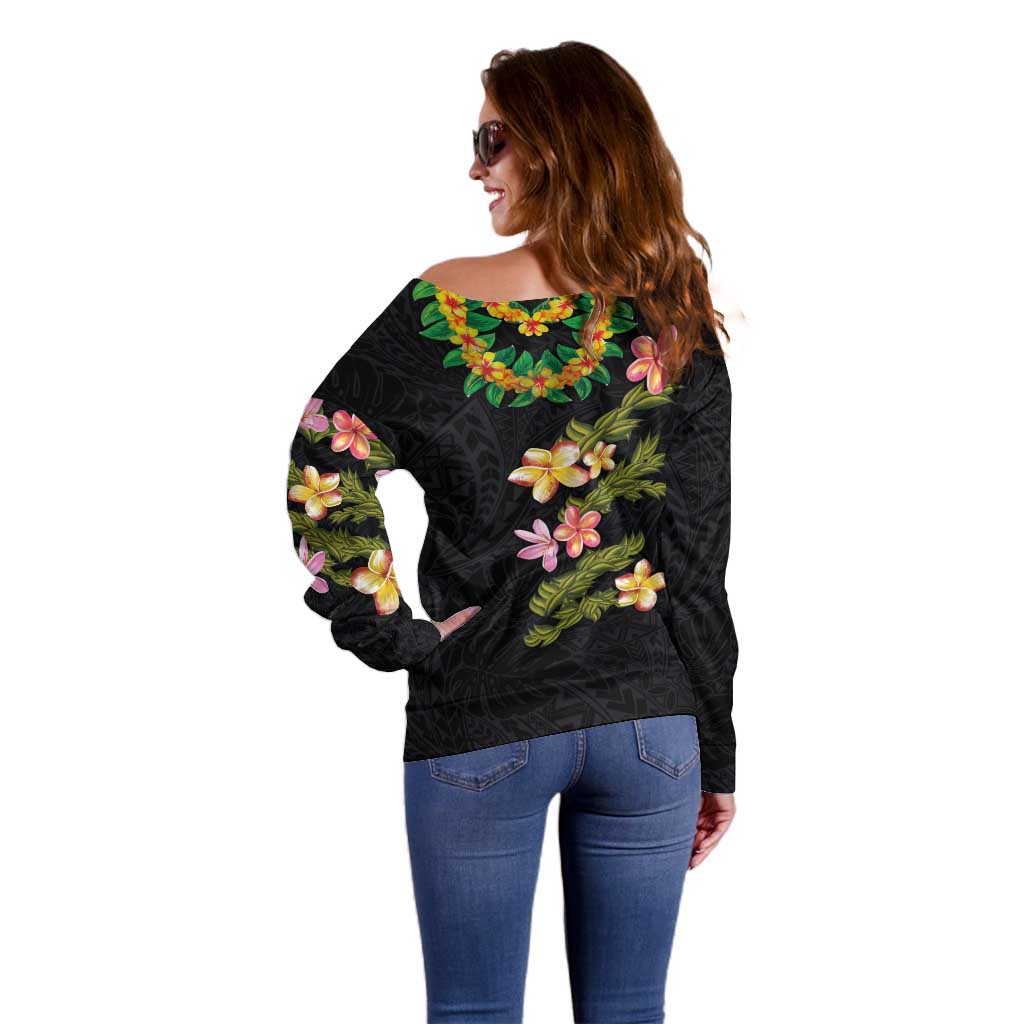 Hawaiian Lei Plumeria and Tropical Leaves Off Shoulder Sweater Watercolor Style