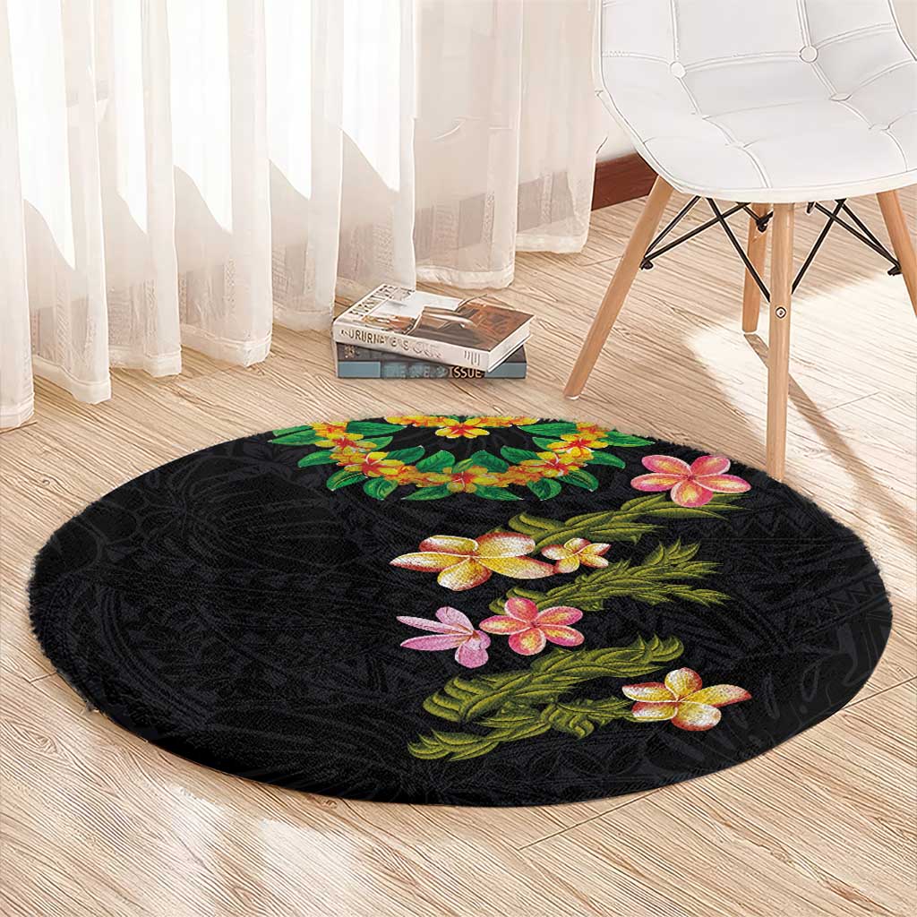 Hawaiian Lei Plumeria and Tropical Leaves Round Carpet Watercolor Style