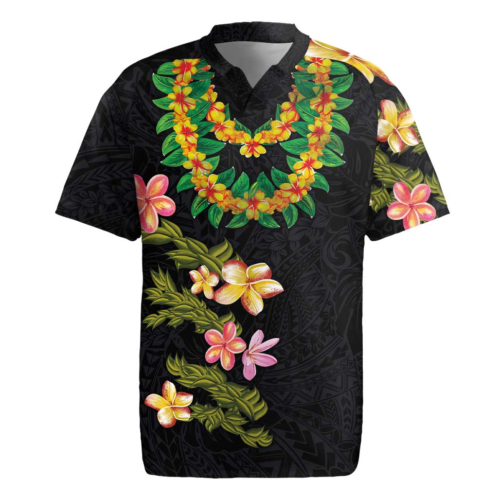 Hawaiian Lei Plumeria and Tropical Leaves Rugby Jersey Watercolor Style LT03 Black - Polynesian Pride