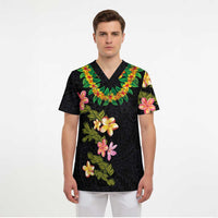 Hawaiian Lei Plumeria and Tropical Leaves Scrub Top Watercolor Style - Polynesian Pride