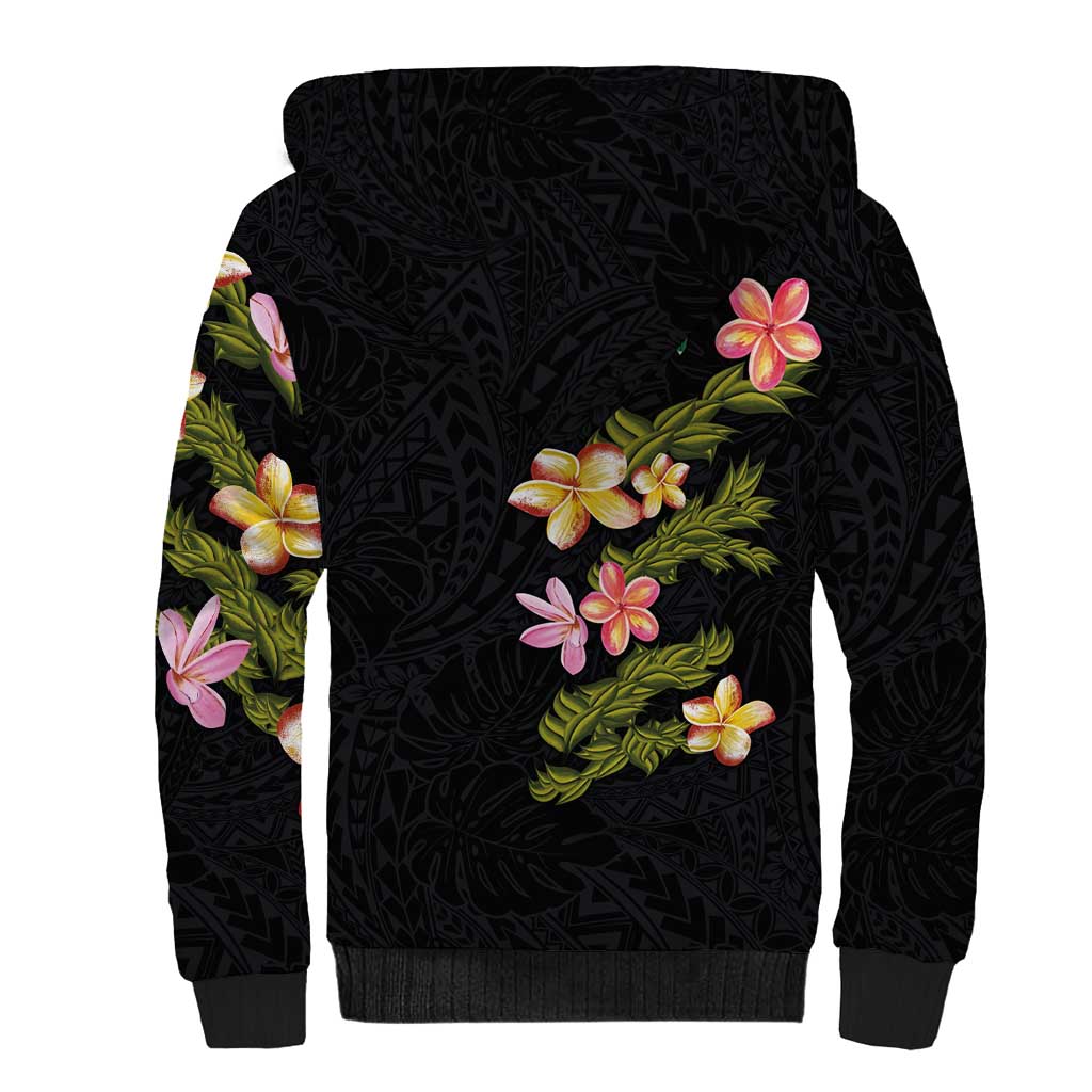 Hawaiian Lei Plumeria and Tropical Leaves Sherpa Hoodie Watercolor Style