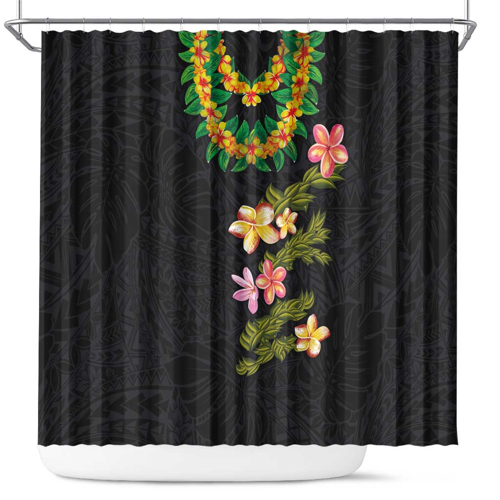 Hawaiian Lei Plumeria and Tropical Leaves Shower Curtain Watercolor Style LT03 Black - Polynesian Pride