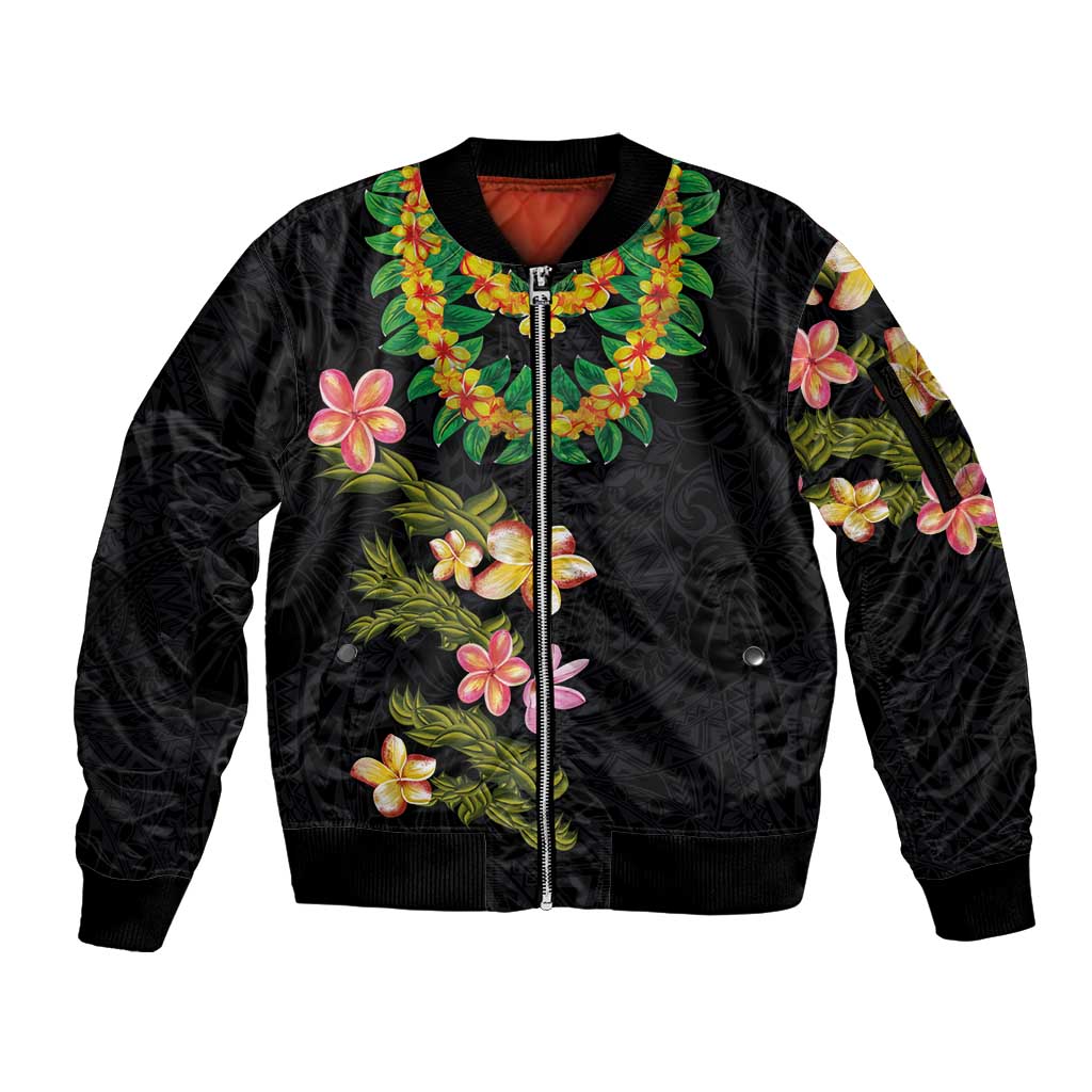 Hawaiian Lei Plumeria and Tropical Leaves Sleeve Zip Bomber Jacket Watercolor Style LT03 Unisex Black - Polynesian Pride