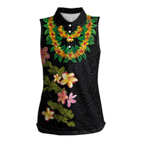 Hawaiian Lei Plumeria and Tropical Leaves Women Sleeveless Polo Shirt Watercolor Style LT03 Female Black - Polynesian Pride