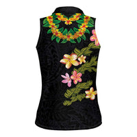 Hawaiian Lei Plumeria and Tropical Leaves Women Sleeveless Polo Shirt Watercolor Style LT03 - Polynesian Pride