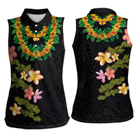 Hawaiian Lei Plumeria and Tropical Leaves Women Sleeveless Polo Shirt Watercolor Style LT03 - Polynesian Pride