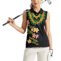 Hawaiian Lei Plumeria and Tropical Leaves Women Sleeveless Polo Shirt Watercolor Style LT03 - Polynesian Pride
