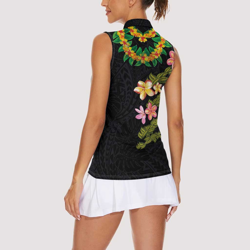Hawaiian Lei Plumeria and Tropical Leaves Women Sleeveless Polo Shirt Watercolor Style LT03 - Polynesian Pride