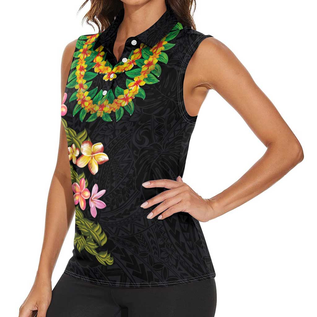 Hawaiian Lei Plumeria and Tropical Leaves Women Sleeveless Polo Shirt Watercolor Style LT03 - Polynesian Pride