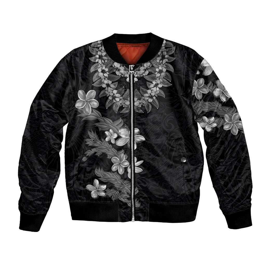 Hawaiian Lei Plumeria and Tropical Leaves Bomber Jacket Watercolor Style-Grayscale LT03 Unisex Black - Polynesian Pride