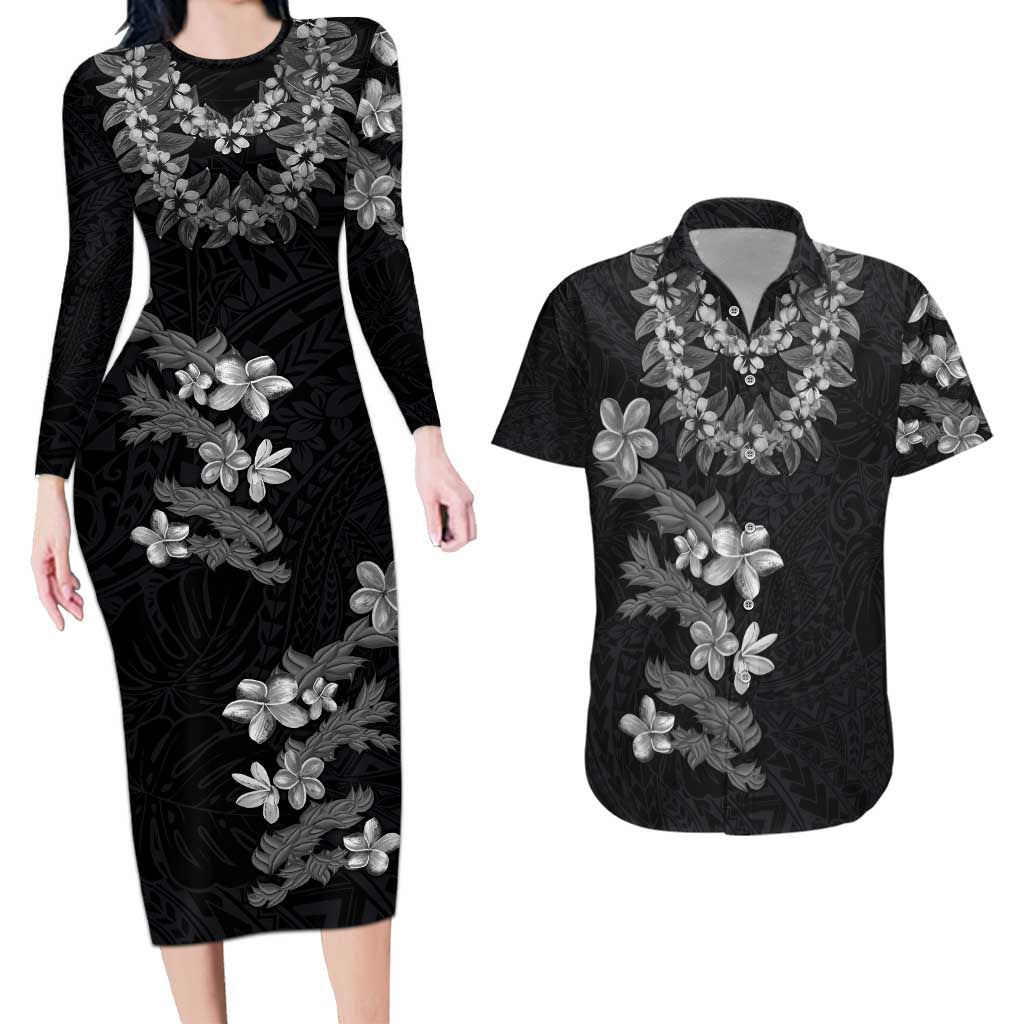 Hawaiian Lei Plumeria and Tropical Leaves Couples Matching Long Sleeve Bodycon Dress and Hawaiian Shirt Watercolor Style-Grayscale LT03 Black - Polynesian Pride