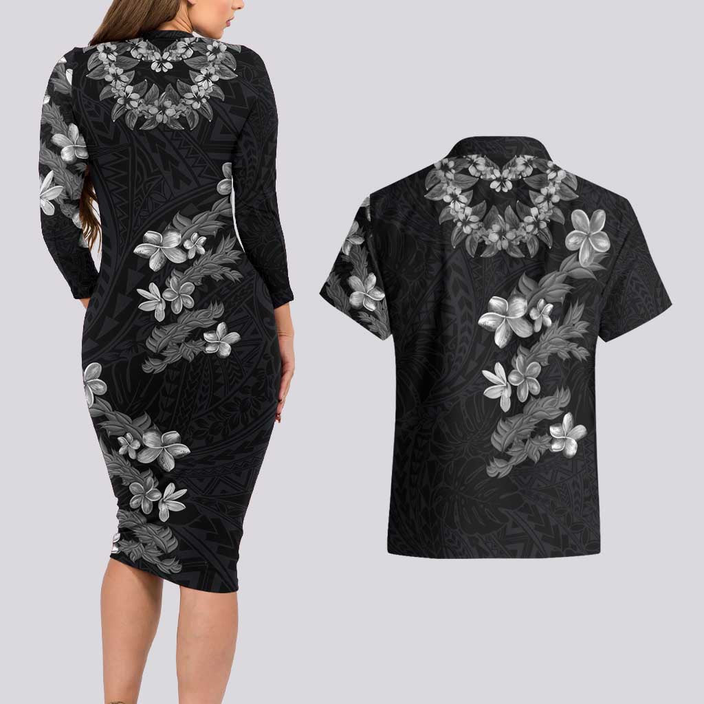 Hawaiian Lei Plumeria and Tropical Leaves Couples Matching Long Sleeve Bodycon Dress and Hawaiian Shirt Watercolor Style-Grayscale LT03 - Polynesian Pride