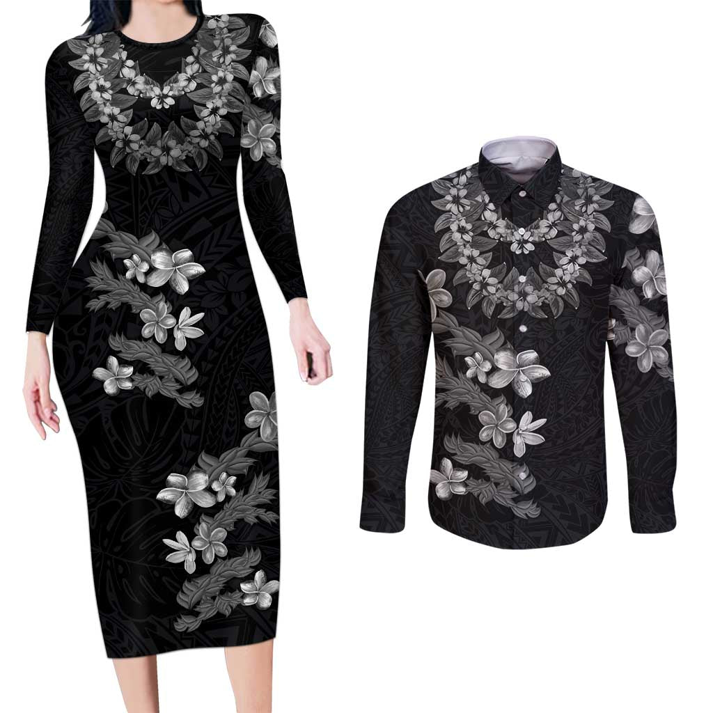 Hawaiian Lei Plumeria and Tropical Leaves Couples Matching Long Sleeve Bodycon Dress and Long Sleeve Button Shirt Watercolor Style-Grayscale LT03 Black - Polynesian Pride