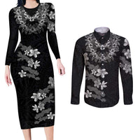 Hawaiian Lei Plumeria and Tropical Leaves Couples Matching Long Sleeve Bodycon Dress and Long Sleeve Button Shirt Watercolor Style-Grayscale LT03 Black - Polynesian Pride