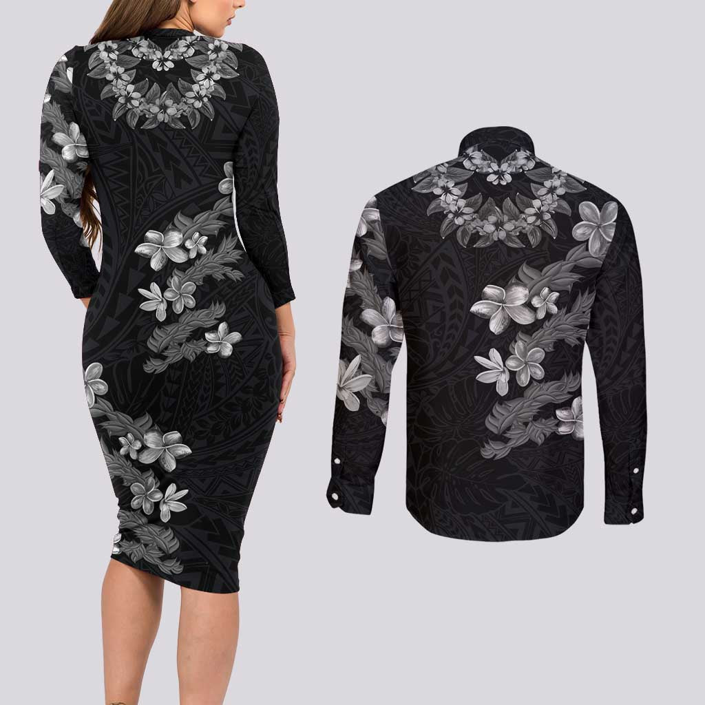 Hawaiian Lei Plumeria and Tropical Leaves Couples Matching Long Sleeve Bodycon Dress and Long Sleeve Button Shirt Watercolor Style-Grayscale LT03 - Polynesian Pride