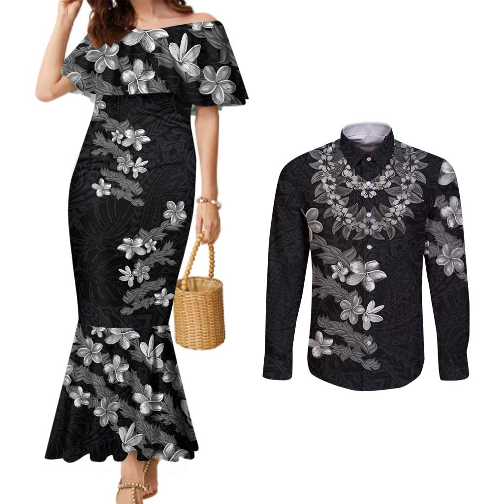 Hawaiian Lei Plumeria and Tropical Leaves Couples Matching Mermaid Dress and Long Sleeve Button Shirt Watercolor Style-Grayscale LT03 Black - Polynesian Pride