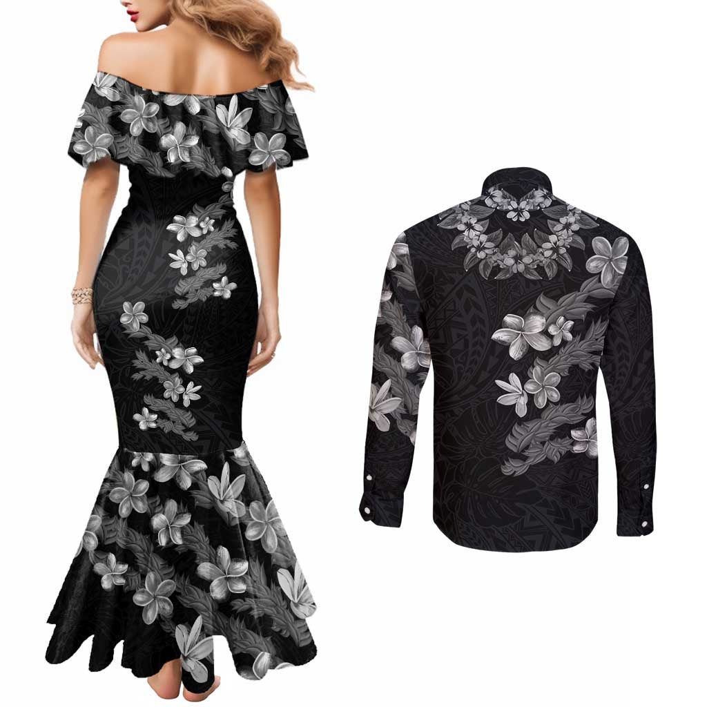 Hawaiian Lei Plumeria and Tropical Leaves Couples Matching Mermaid Dress and Long Sleeve Button Shirt Watercolor Style-Grayscale LT03 - Polynesian Pride
