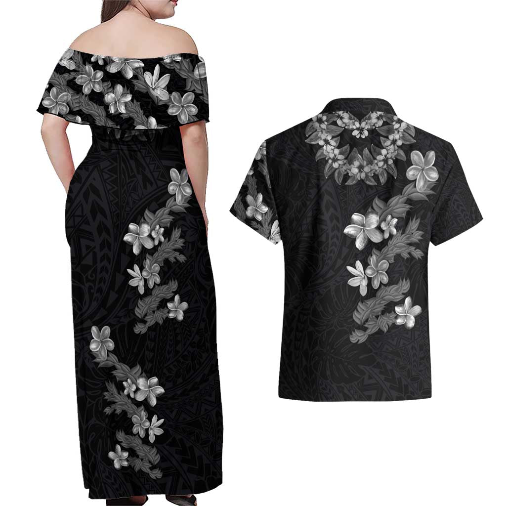 Hawaiian Lei Plumeria and Tropical Leaves Couples Matching Off Shoulder Maxi Dress and Hawaiian Shirt Watercolor Style-Grayscale LT03 - Polynesian Pride