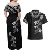 Hawaiian Lei Plumeria and Tropical Leaves Couples Matching Off Shoulder Maxi Dress and Hawaiian Shirt Watercolor Style-Grayscale LT03 - Polynesian Pride