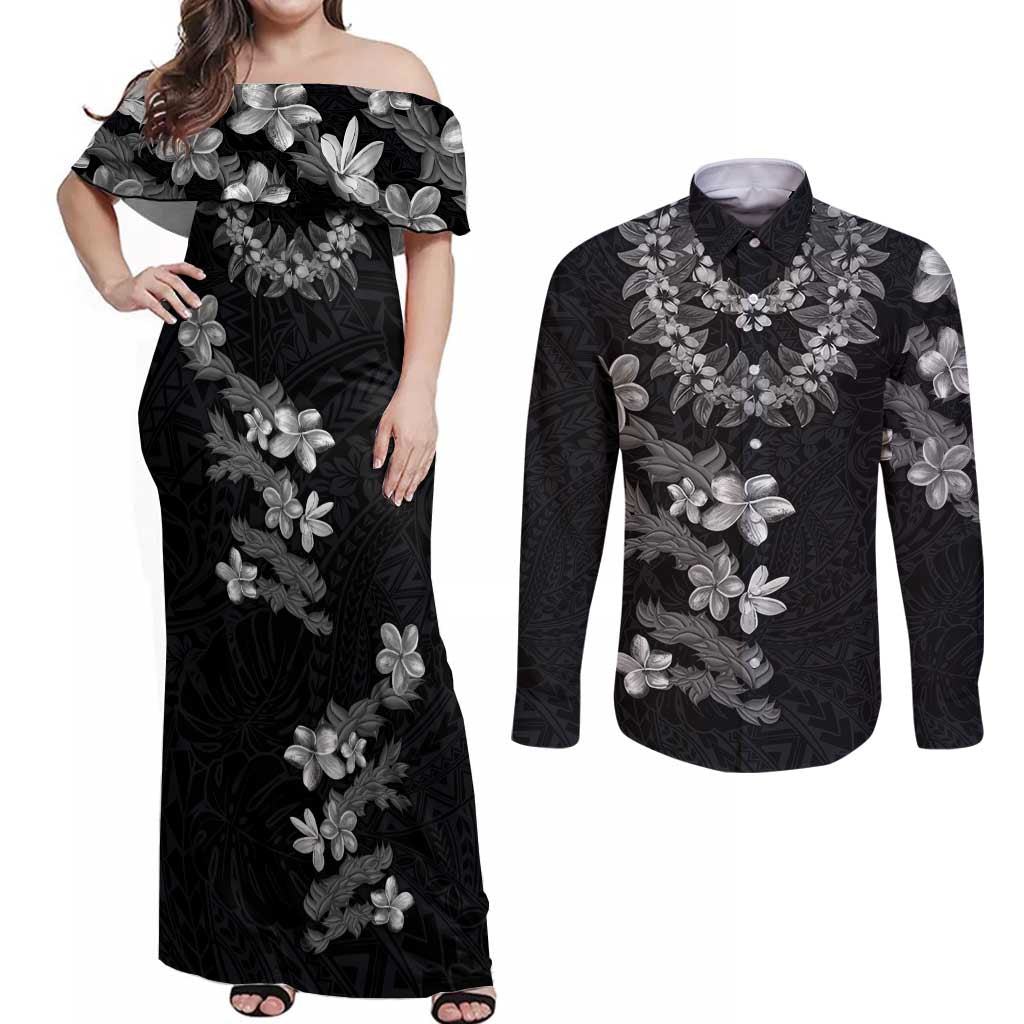 Hawaiian Lei Plumeria and Tropical Leaves Couples Matching Off Shoulder Maxi Dress and Long Sleeve Button Shirt Watercolor Style-Grayscale LT03 Black - Polynesian Pride
