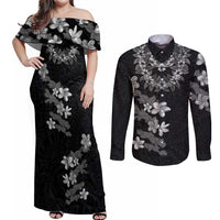 Hawaiian Lei Plumeria and Tropical Leaves Couples Matching Off Shoulder Maxi Dress and Long Sleeve Button Shirt Watercolor Style-Grayscale LT03 Black - Polynesian Pride