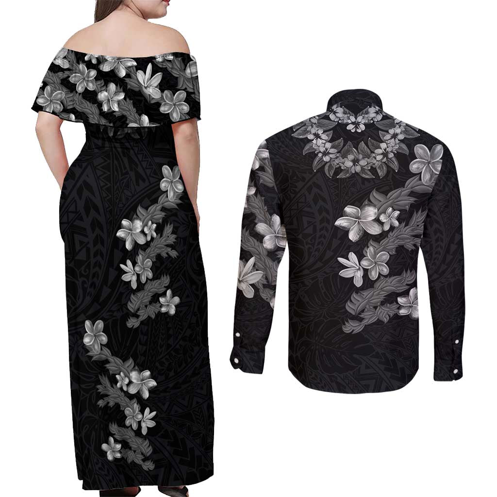Hawaiian Lei Plumeria and Tropical Leaves Couples Matching Off Shoulder Maxi Dress and Long Sleeve Button Shirt Watercolor Style-Grayscale LT03 - Polynesian Pride