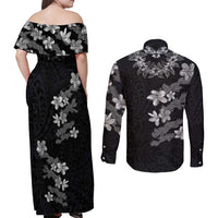 Hawaiian Lei Plumeria and Tropical Leaves Couples Matching Off Shoulder Maxi Dress and Long Sleeve Button Shirt Watercolor Style-Grayscale LT03 - Polynesian Pride