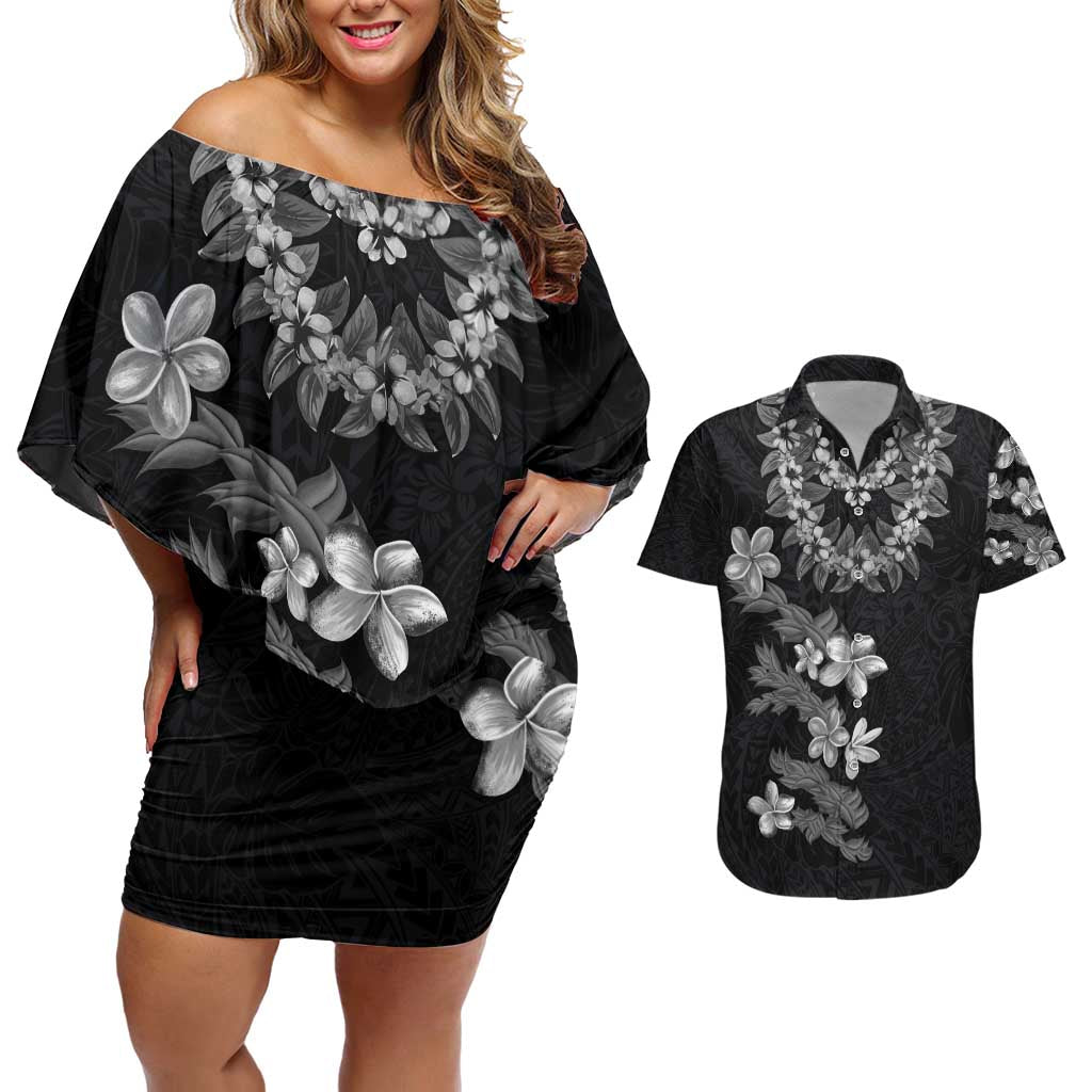 Hawaiian Lei Plumeria and Tropical Leaves Couples Matching Off Shoulder Short Dress and Hawaiian Shirt Watercolor Style-Grayscale LT03 Black - Polynesian Pride