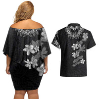 Hawaiian Lei Plumeria and Tropical Leaves Couples Matching Off Shoulder Short Dress and Hawaiian Shirt Watercolor Style-Grayscale LT03 - Polynesian Pride