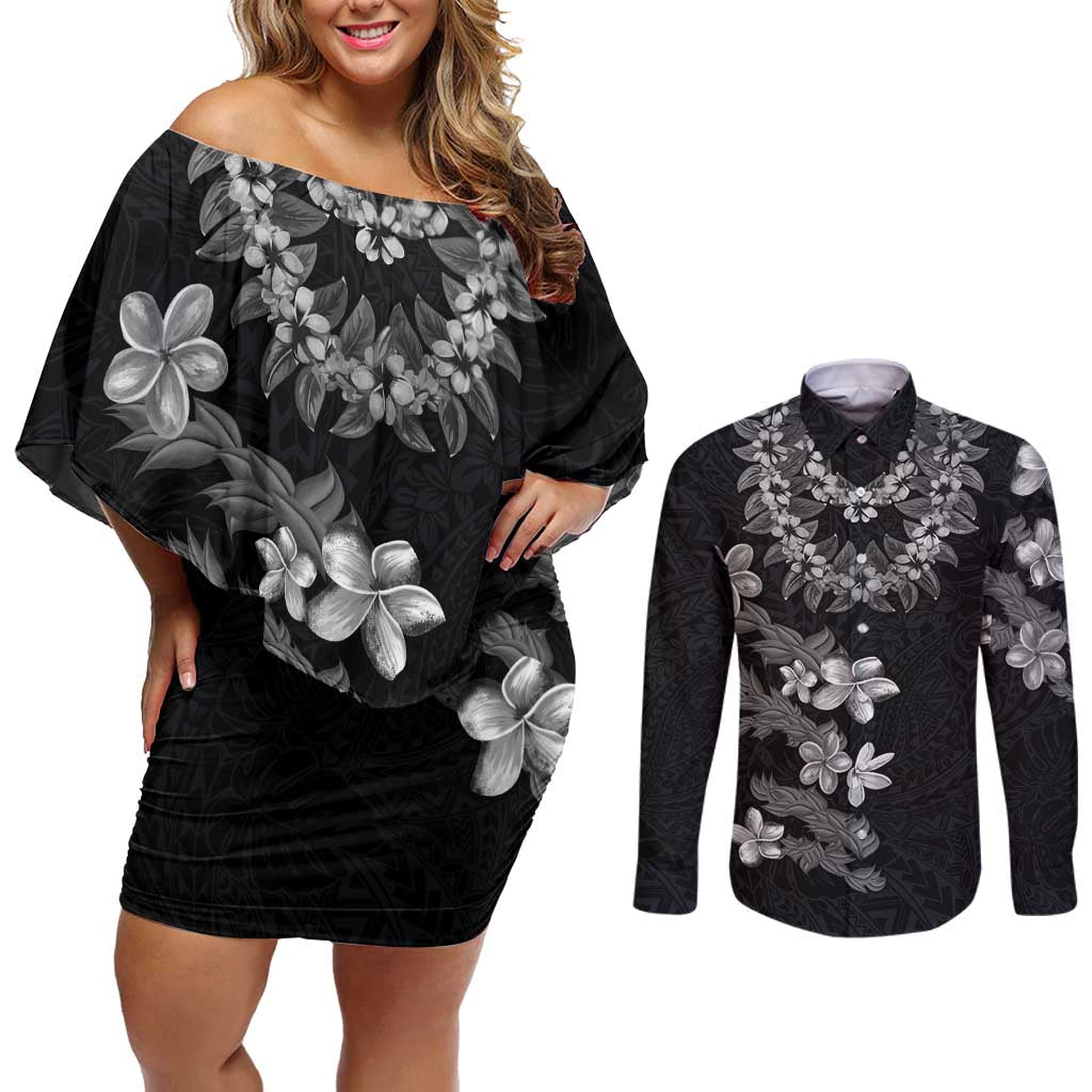 Hawaiian Lei Plumeria and Tropical Leaves Couples Matching Off Shoulder Short Dress and Long Sleeve Button Shirt Watercolor Style-Grayscale LT03 Black - Polynesian Pride