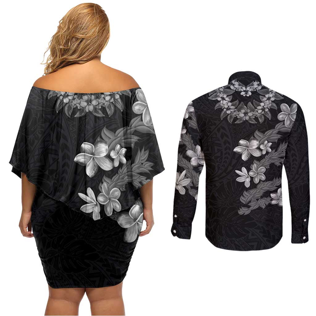 Hawaiian Lei Plumeria and Tropical Leaves Couples Matching Off Shoulder Short Dress and Long Sleeve Button Shirt Watercolor Style-Grayscale LT03 - Polynesian Pride
